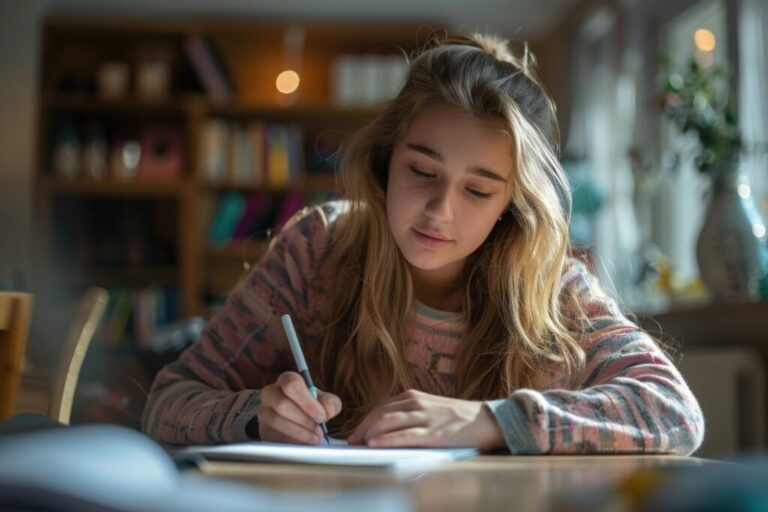 TEENAGE girl SITTING AT THE DESK in the library WRITING homework