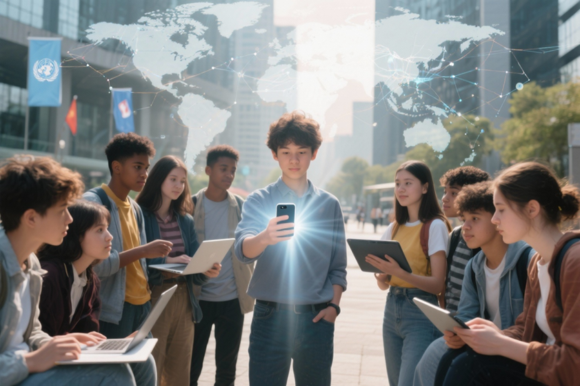 A diverse group of students collaborating outdoors with laptops and tablets, centered around a student holding a glowing smartphone, symbolizing youth leadership, social media responsibility, and global connection.