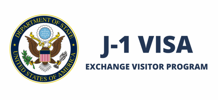 U.S. Department of State seal with text: J-1 Visa — Exchange Visitor Program.
