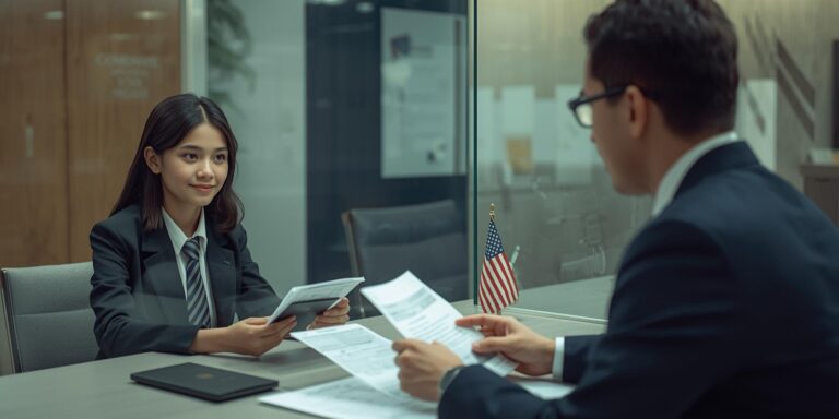 Student interviewed by U.S. consular officer at embassy desk.