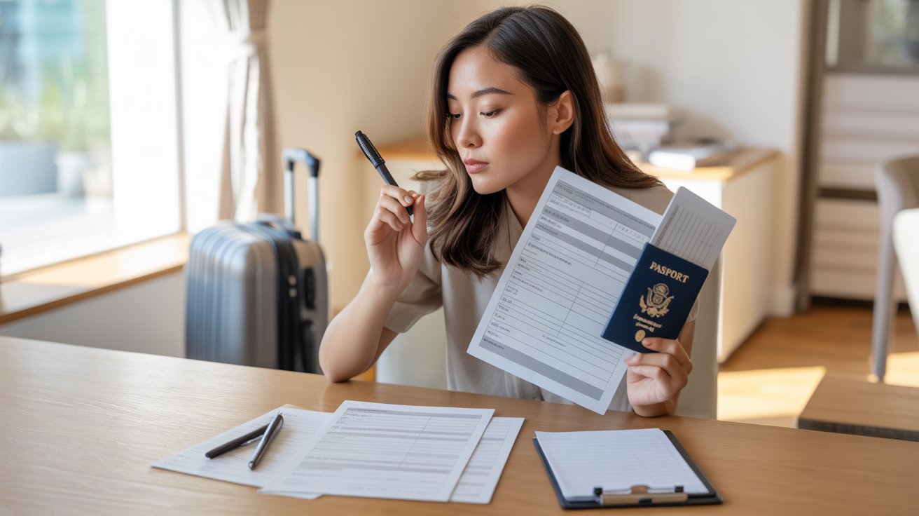 Asian student reviewing visa documents related to F-1 J-1 duration of status changes