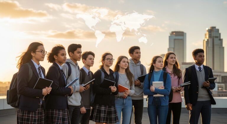 Diverse young students on a rooftop at sunrise with a world map in the sky, symbolizing youth leadership development and the next generation of global leaders.