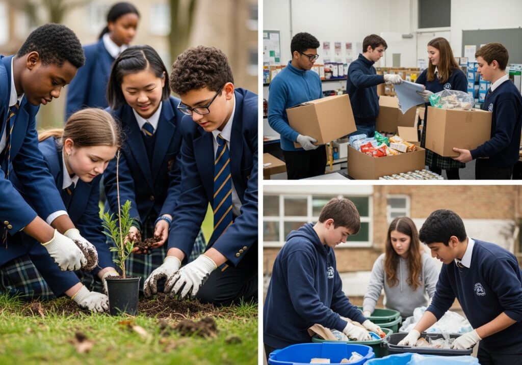 Students planting a tree, organizing food donations, and sorting recyclables during a youth-led community service initiative.