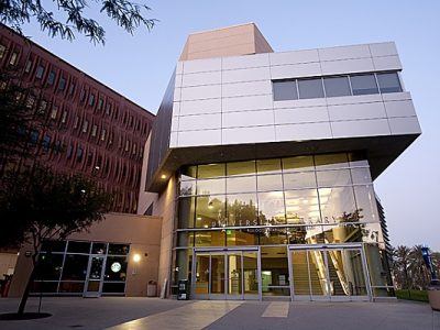 University Library dusk-Main entrance to the University Library at Cal Poly Pomona. December 20, 2011.