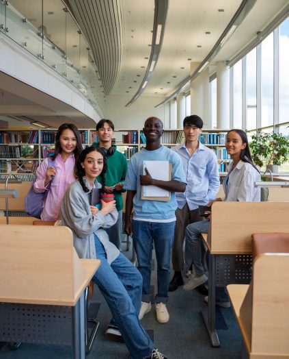 full-shot-smiley-students-library